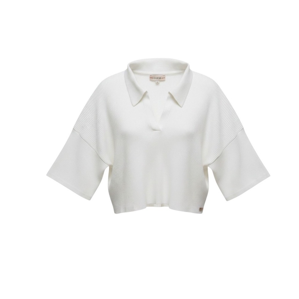 Guess Womens Off White Ribbed Knit Cropped Polo Sweater V-Neck Short Sleeve L